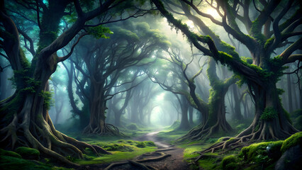 A dark and mysterious forest with dense foliage and twisted trees, creating an eerie and foreboding atmosphere, darkness