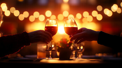 LGBTQ elders celebrating their anniversary at a restaurant, holding hands and sharing a toast