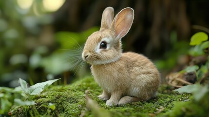 Sticker - Cute Fluffy Bunny Sitting on Moss in a Forest