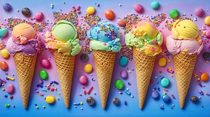 Wall Mural - Five scoops of colorful ice cream in cones on purple and blue background.