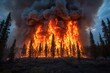 © Milos - The image showcases a forest fire with intense, towering flames and thick columns of smoke rising into the sky, emphasizing the fierce and uncontrollable aspect of wildfires.