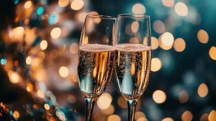 midnight champagne celebration two elegant flutes clink together surrounded by swirling confetti and