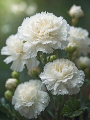 White Carnations with Dew in a Misty Garden