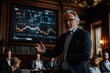 © Milos - A mature man in a suit delivers a business presentation to a captivated audience, with a large screen displaying comprehensive data and analytics behind him.
