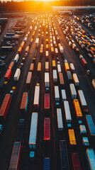 Canvas Print - Sunset Aerial View of Busy Distribution Hub with Loading Trucks  