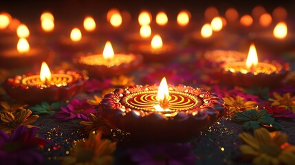 Sticker - Celebrating Diwali festival, candles in temple with colorful background