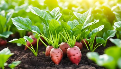 Vibrant closeup of fresh sweet potatoes highlighting organic garden textures and colors on a clean white background