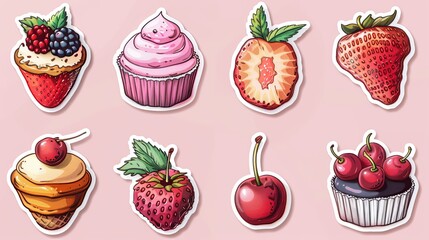 cute dessert set. Stylized cakes, ice cream and cherry isolated on light pink background. Vector fruit and bakery illustration. Dessert illustrated card in hand-drawn style