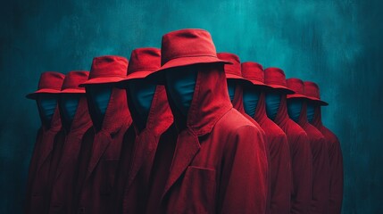 Poster - A group of people wearing red hats and coats stand in a line