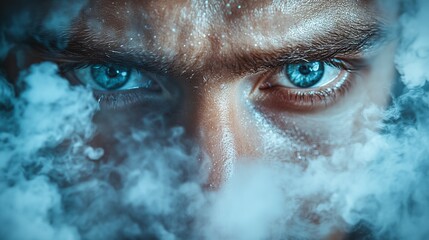 Poster - A man with blue eyes is looking at the camera through a cloud of smoke