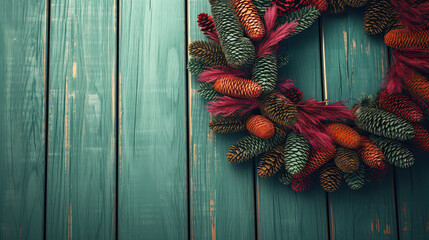 Christmas wreath hanging on a colorful wooden wall