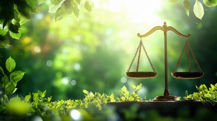 a golden balance scale symbolizing justice surrounded by lush greenery and soft sunlight.