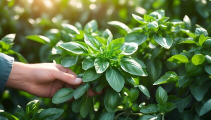 Sticker - Vibrant medley of basil leaves flourishing in a lush organic garden