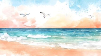 Watercolor Seascape with Seagulls Flying Over the Ocean and Beach.