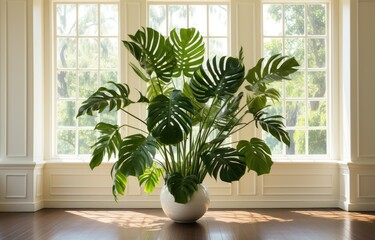 Poster - In a sunlit room, a vibrant monstera plant with large, green leaves stands prominently by tall windows, creating a serene atmosphere. Sunlight filters through, enhancing the space