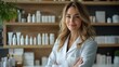 © Fleuronica - A skincare expert stands with crossed arms in a wellness clinic, showcasing a range of beauty products arranged neatly on shelves behind her, promoting a calming atmosphere