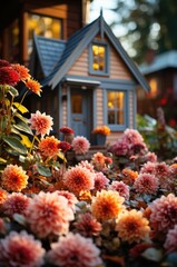 Poster - A quaint, colorful house nestled among blooming flowers radiates warmth as the sun sets, creating a serene atmosphere in the garden