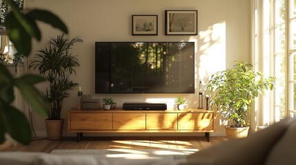 Poster - A cozy, modern living room features a large flat-screen television on a wooden console, framed artwork, and lush houseplants basking in natural sunlight