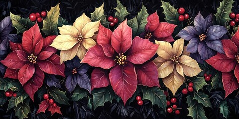 Poster - A stunning display of vivid poinsettias in shades of red, yellow, and purple, accompanied by rich green holly and bright red berries, creates a festive atmosphere
