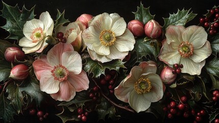 Poster - A stunning grouping of white and soft pink flowers interspersed with holly leaves and clusters of bright red berries creates a captivating decorative display