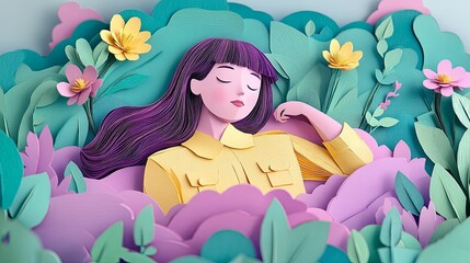 A serene paper art scene featuring a woman with purple hair resting amidst colorful flowers and lush greenery.