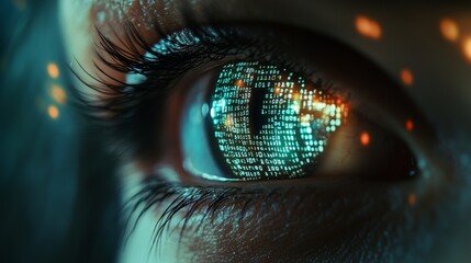 Wall Mural - Close up of eye with digital code.Hacker, cyber security, programming background