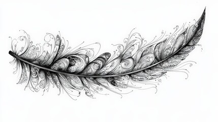 Fototapete - A detailed feather, artistically rendered with swirling motifs and fine lines, stretches across a plain white background, showcasing intricate design and craftsmanship