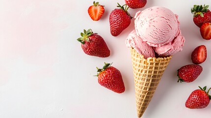 Canvas Print - Strawberry ice cream cone with fresh strawberries on a white background.