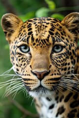 Wall Mural - Detailed close-up of a leopard's face showcasing its beauty and striking green eyes.