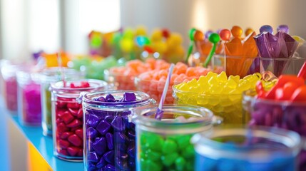 Wall Mural - A colorful candy buffet with jars of neon-colored gummy bears, rainbow lollipops, and brightly wrapped chocolates, perfect for a playful and fun setting.