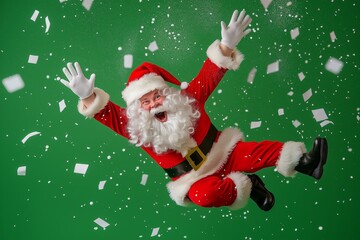 Santa joyfully leaps through the air amidst falling confetti on a festive green backdrop