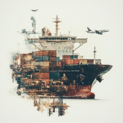 Double Exposure of Cargo Ship with Shipping Containers, Trucks, and Airplanes

