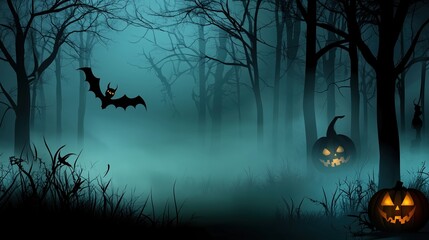 Halloween background featuring a spooky dark night in a foggy forest with glowing pumpkins scattered on the grass. The eerie scene, illustrated in blue-green tones, creates a chilling atmosphere perfe