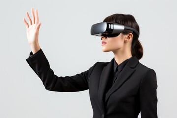 Canvas Print - Woman using VR portrait finger photo.