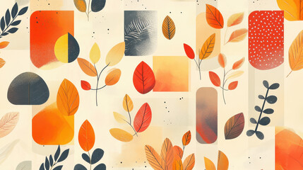 This vibrant design features an array of colorful autumn leaves and abstract shapes, perfect for seasonal projects and nature-themed graphics