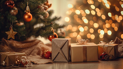 Christmas gifts at the foot of a Christmas tree or a Christmas fir tree