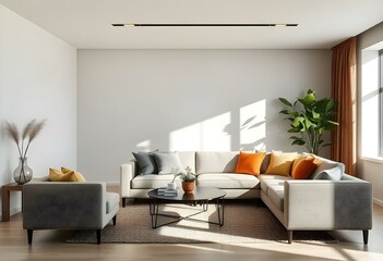 modern living room with a white sofa, a sofa, a large window and a large window with a large window. 3 d render