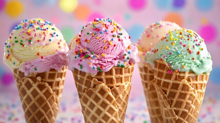 Sticker - Three ice cream cones with vanilla, strawberry, and mint ice cream, topped with colorful sprinkles, on a pink and white background.