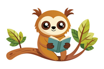 Wall Mural - Cute Sloth Reading Book On Branch Tree Cartoon Vector Icon Illustration X.eps