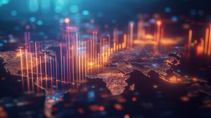 Poster - A 3D bar graph floating above a world map, with different regions highlighted, showcasing global financial performance and trends, creating a sense of international business perspective.