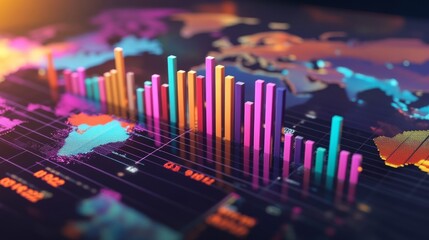 Wall Mural - A 3D bar graph floating above a world map, with different regions highlighted, showcasing global financial performance and trends, creating a sense of international business perspective.