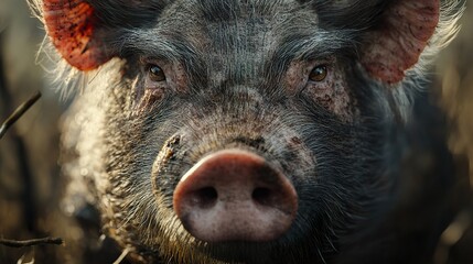 Poster - Close-Up Portrait of a Pig with Inquisitive Eyes