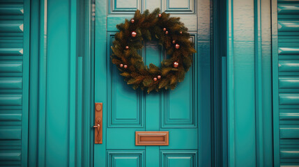 Christmas wreath with Christmas ornaments on a turquoise door