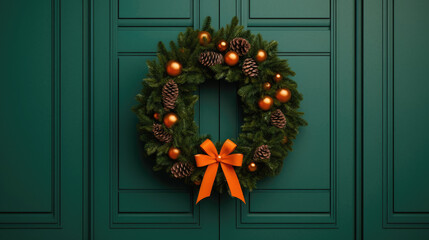 Christmas wreath with Christmas ornaments on a dark orange door