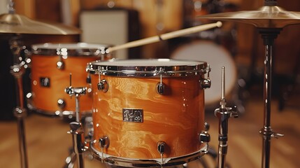 Close-up of a wooden drum kit in a warm, inviting studio setting.