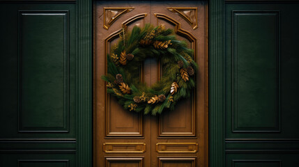 Wall Mural - Christmas wreath with Christmas ornaments on a vivid brown door