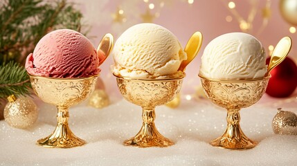 Canvas Print - Three scoops of ice cream in golden bowls with spoons on a snowy background.