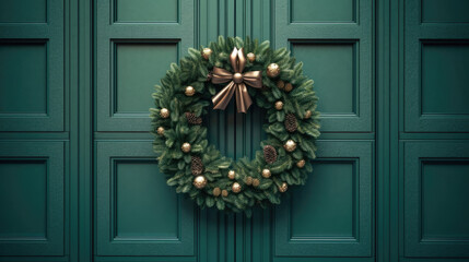 Wall Mural - Christmas wreath with Christmas ornaments on a vivid brown door