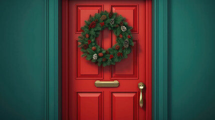 Wall Mural - Christmas wreath with Christmas ornaments on a vivid red door