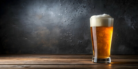 Glass of beer with foam on top sitting on table, beer, foam, glass, drink, alcohol, beverage, refreshment, cold, bar, pub, table, wooden